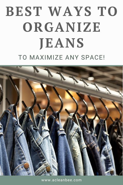 Transform your messy jeans collection into a well-organized showcase! Our expert tips and tricks will guide you on how to organize jeans, maximizing space and making it a breeze to find your favorite pair. Head over to the blog post for the complete guide! Jeans In Closet Organize, How To Organize Your Jeans, How To Hang Pants In Closet Small Spaces, How To Hang Your Jeans, Jeans Closet, Pant Hanging Ideas, Closet Organization Jeans, Hangers For Jeans, How To Hang Up Jeans