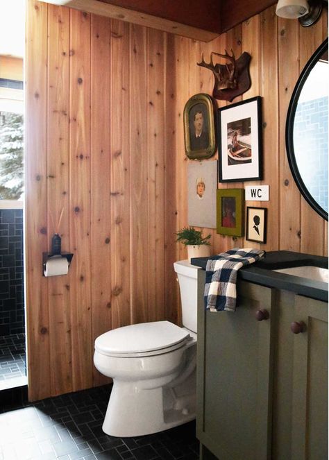 Downstairs Cabin Bathroom Reveal - The Faux Martha Funky Cabin Interior, Cabin Bathroom Inspiration, Lake Cabin Bathroom Ideas, Bear Theme Bathroom, Mountain Cabin Renovation, Knotty Pine Cabin Decor, Cabin Bathroom Tile, Vintage Cabin Bathroom, Modern Rustic Cabin Decor