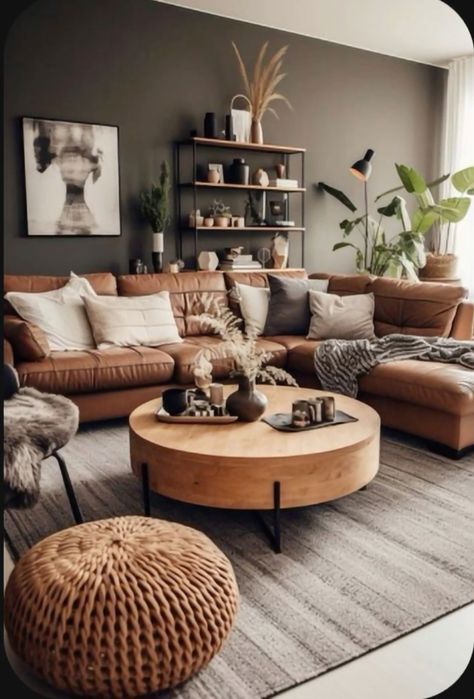 Living Room Designs With Corner Sofa, Apartment Living Room Modern Luxury, Modern Global Living Room, Mountain Cabin Decor Living Room, Modern Boho Living Room Leather Couch, Boho Living Room With Leather Couch, Brown Couch Living Room Ideas Apartments, Apartment Decorating Living Room Boho, Modern Lounge Design Living Rooms