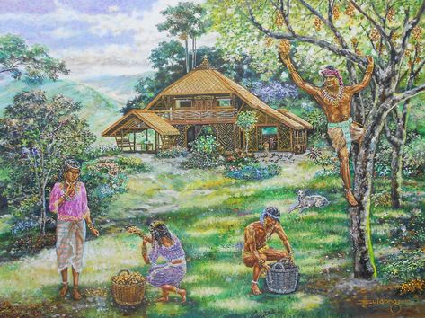 Pre-colonial Mountain House - by JBulaong 2020 #Precolonialmountainhouse #PrecolonialPhilippines #Maharlika #Philippinearchitecture #JBulaong #oiloncanvas #painting #Islandsofgold #Ophir #utopia #ancientPhilippinegold #Filipinohouse #indigenousarchitecture #lanzones Pre Colonial Philippines Architecture, Pre Colonial Philippines Art, Pre Colonial Philippines, Philippines Drawing, Philippine Aesthetic, Gouche Paintings, Filipino Folklore, Colonial Philippines, Philippine Culture