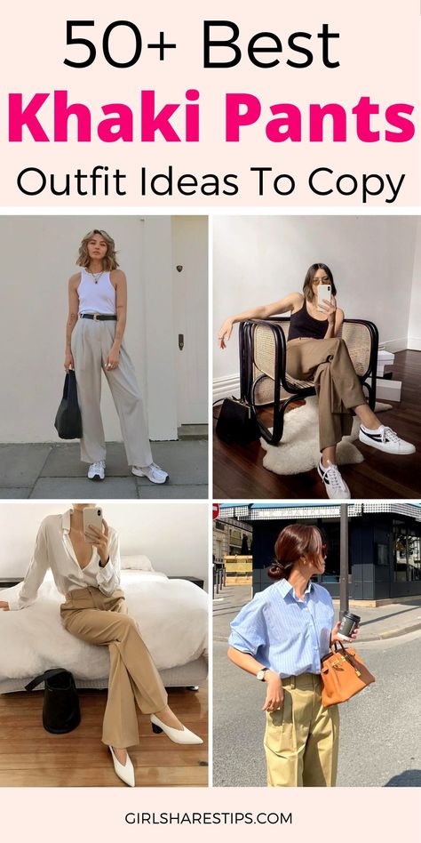 Work Outfits Khaki Pants, Loose Khaki Pants Outfit For Women, Khaki Slacks Outfit Women Casual, How To Style Cream Pants For Women, Tan Pants Outfit Casual, Navy Khaki Pants Outfit Women, Chino Work Outfit Women, Woman Khaki Pants Outfit, Shoes To Wear With Khaki Pants Women