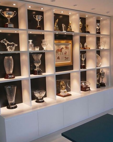 Trophy Stand Design, Wall Trophy Display Ideas, Display Awards Ideas, Modern Trophy Display Ideas, Trophies Display Ideas, Trophy Cabinet Ideas, Trophy Cabinet Design, Awards Display Wall Offices, Office Trophy Display Ideas