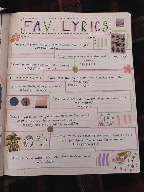 Journal Ideas Creative Aesthetic, Favorite Song Lyrics Journal, Inspirational Music Lyrics, Journal Favorite Songs, Journal Ideas Favorite Things, Favorite Journal Page, Lyric Page Journal, Favorite Things Journal Page, Journaling Song Lyrics