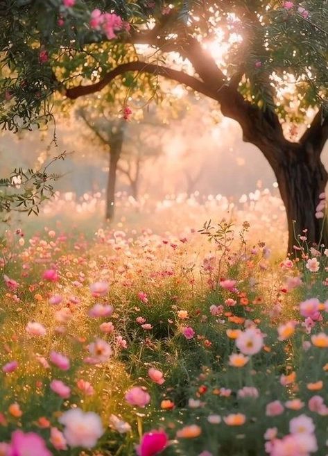 Sunrise Scripture, Sunset Flower Field, Sunrise Flowers, April Aesthetic, Trees And Flowers, Pretty Landscapes, Spring Aesthetic, Beautiful Flowers Pictures, Landscape Pictures