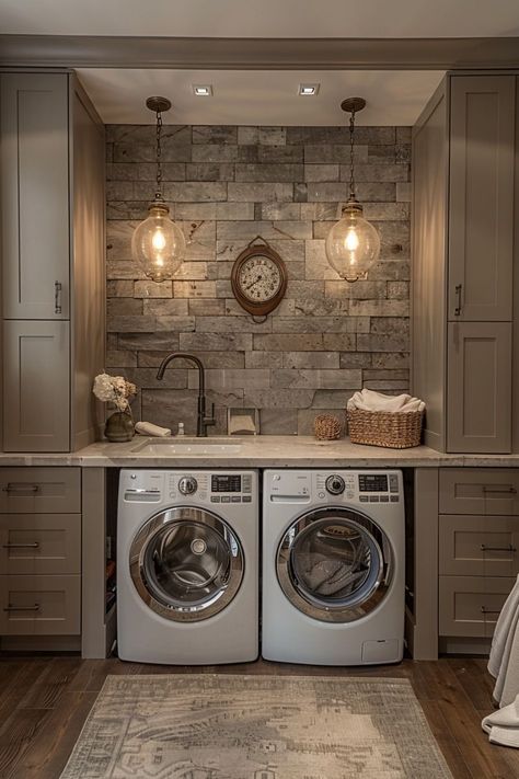 Laundry Room Interior Design Ideas, Laundry Room Ideas With Dark Appliances, Laundry Room Ideas French Country, Farmhouse Modern Laundry Room, Farm Style Laundry Room Ideas, Modern Utility Room Ideas, Modern Rustic Laundry Room, Laundry Room In Garage Ideas, Multifunctional Basement