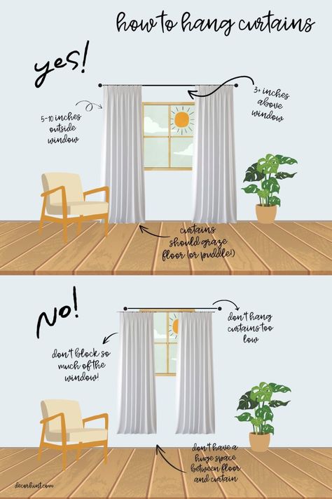 Decor Hint: How to Hang Curtains Like a Designer - Decor Hint How To Hang Curtains, Installing Curtain Rods, High Curtains, Hang Curtains, Buy Curtains, Pinch Pleat Curtains, Diy Craft Ideas, Simple Curtains, Custom Made Curtains