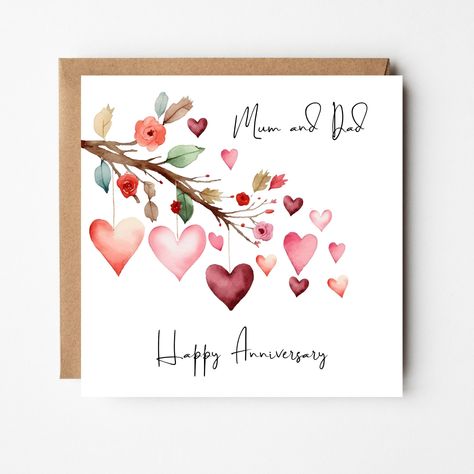 Happy Anniversary Mum and Dad Card, Anniversary Card for Parents, Watercolour Branch with Hearts. by TigersOnTheLoose on Etsy Happy Anniversary Diy Cards, Painting Ideas For Anniversary, Handmade Anniversary Card Ideas, Wedding Anniversary Images, Birthday Card Ideas Watercolour, Watercolor Anniversary Cards Diy, Wedding Watercolor Card, Anniversary Card Ideas For Him, Wedding Anniversary Card