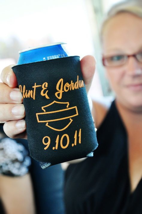 Organisation, Biker Wedding Theme, Harley Davidson Wedding, Motorcycle Wedding, Biker Wedding, Rehearsal Dinner Decorations, Black And White Wedding Theme, White Wedding Theme, Wedding Koozies