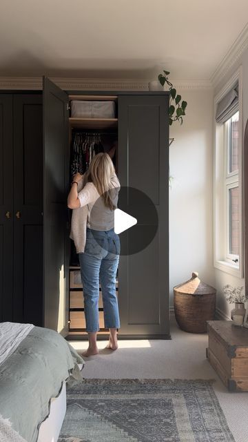 Sophia Hardy on Instagram: "🌟 Customising our IKEA PAX Wardrobe 🌟  This DIY took me weeks. Each door was primed 2x and painted 3/4x & there are 4 doors so that equals 🤔……a lot of painting.   As you can see we built & fitted the wardrobe before we added skirting & carpet. This was so the wardrobe would fit flush to the wall and steady on the floor. We added a simple coving from @wickes and we used a similar trim to our architrave from @skirting4u to give the frame some shape (other than square).  I used @zinsseruk to prime the doors & wardrobe frame. I tried using a foam roller and it left small bubbles so I switched to microfibre and this worked so much better for a smooth finish. I also tried a paint brush and it left strokes which then had to be sanded back.   The paint I used is from Ikea Pax Painted Doors, Diy Ikea Closet Built Ins Pax Wardrobe, Ikea Pax Around Window, Ikea Wardrobe In Bedroom, Built In Cabinets For Storage, Pax Small Bedroom, Upcycling Wardrobe Doors, Small Pax Wardrobe Ideas, Ikea Diy Wardrobe