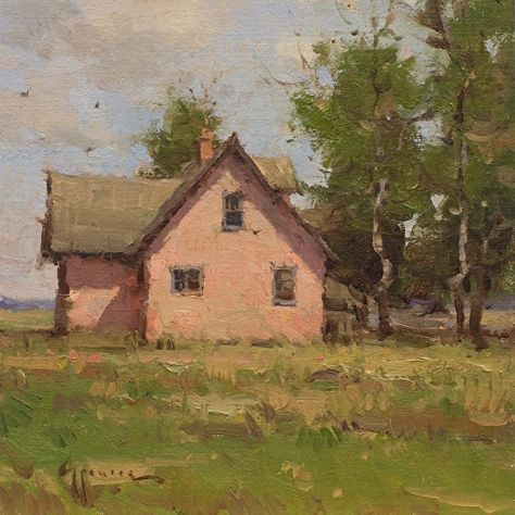 Plein Air The Pink House, Farm Paintings, Cottage Art, Pink House, Cat Air, 수채화 그림, Impressionism Art, Arte Inspo, Nature Art Painting