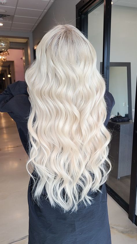 Platinum Blonde with Extensions Full Highlight Platinum Blonde, Bleach Blonde Hair Platinum, Blonde With Extensions, Full Blonde Hair, Hair Color Platinum Blonde, Icy Platinum Blonde Hair, Long Platinum Blonde Hair, Blonde Hair Platinum, Platinum Hair Extensions