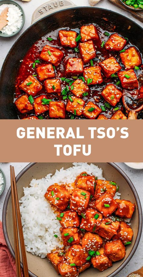 General Tso's Tofu - Full of Plants Basic Tofu Recipe, Tofu Ideas Healthy, Tofu Vegetable Recipes, General Tso Tofu Recipe, Tofu General Tso Recipes, Good Tofu Recipes, Plant Based Chinese Recipes, Vegan Gf Recipes Dinner, Quick Tofu Dinner