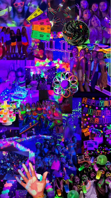 Party Inspo🎉 #party #inspo #partyinspo #glowinthedark #neon #neonparty #aesthetic #preppy Sweet Sixteen Neon Party Ideas, Cool 13th Birthday Party Ideas, Neon 13 Birthday Party, Bday Party Ideas 14th Birthday, Neon B Day Party, Birthday Party Ideas Glow In The Dark, Neon 16th Birthday Party Ideas, Teen Party Ideas Themes, Neon Birthday Theme