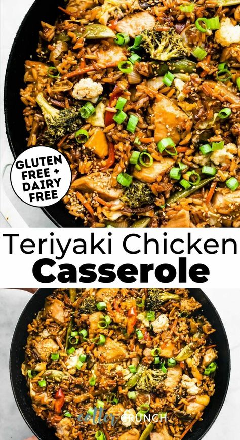 Meal inspo, anyone? Give your favorite takeout order an upgrade with this healthy Gluten Free Teriyaki Chicken Casserole recipe! Chicken breast, veggies, and rice combine and are tossed with a sweet and savory homemade teriyaki sauce! Make this healthy fall recipe with store bought sauce, precooked rice, and pre-cut veggies for an easy dinner recipe. Precooked Chicken Recipes Easy, Casserole Healthy Easy, Precooked Chicken Recipes, Gluten Free Chicken Casserole Recipes, Gluten Free Teriyaki Chicken, Chicken Casserole Healthy, Gluten Free Chicken Casserole, Gluten Free Teriyaki, Celiacs Disease