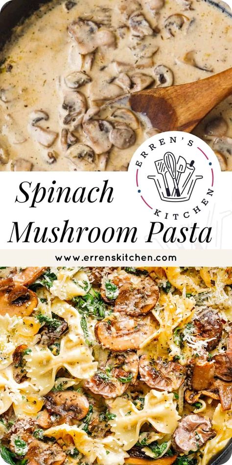 This Creamy Parmesan Spinach Mushroom Pasta recipe is not only scrumptious but is ready in under 30 minutes! One Pot Garlic Parmesan Pasta With Spinach And Mushrooms, Dinner Spinach Recipes, Garlic Parmesan Pasta With Spinach And Mushrooms, Mushroom Swiss Pasta, Easy Dinner Recipes With Mushrooms, Easy Meals With Spinach, Cheesy Mushroom Pasta, Spinach Alfredo Pasta Recipes, Parmesan Mushroom Spinach Pasta