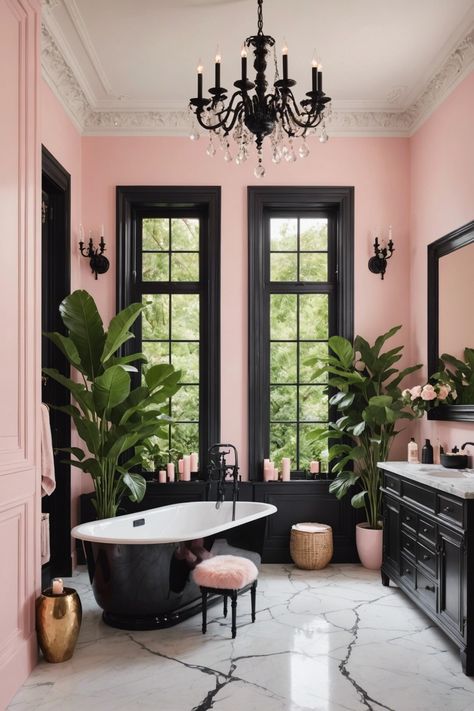 Black Fireplace Pink Walls, Powder Pink Bathroom, Pink Bathtub Bathroom Ideas, Black And Pale Pink Aesthetic, Black Pink Interior, Pink Accent Wall Bathroom, Pink Art Deco Bathroom, Black And Pink Interior Design, Dive Bar Bathroom Aesthetic