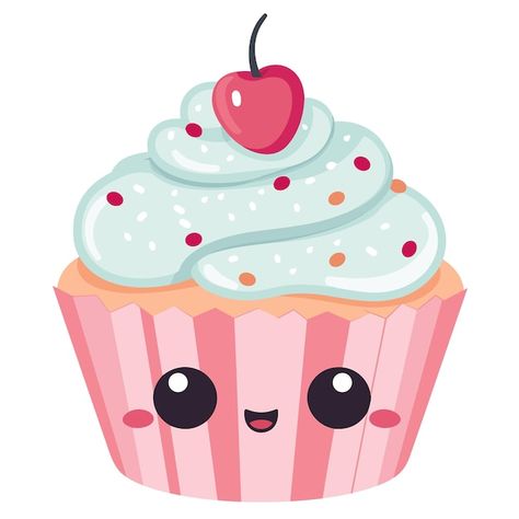 Hand drawn cupcake cartoon kawaii cupcak... | Premium Vector #Freepik #vector #strawberry-watercolor #strawberry-illustration #watercolor-fruit #juice Cupcake Cartoon Cute, Cupcake Images Clip Art, Cupcake Vector Illustration, Cake Cartoon Aesthetic, Cupcake Illustration Cute, Cute Fruits Drawings, Cute Cake Drawing, Cake Drawing Easy, Happy Birthday Grandma Quotes