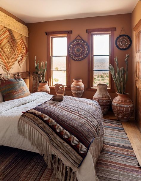 Decorative Pottery Casita Guest House Interior Design, Vintage Southwestern Decor, Native American Inspired Decor, Native American House Decor, Santa Fe Bedroom Ideas, Western Guest Room, Southwest Cottagecore, Adobe House Decor, Southwest Bedroom Ideas