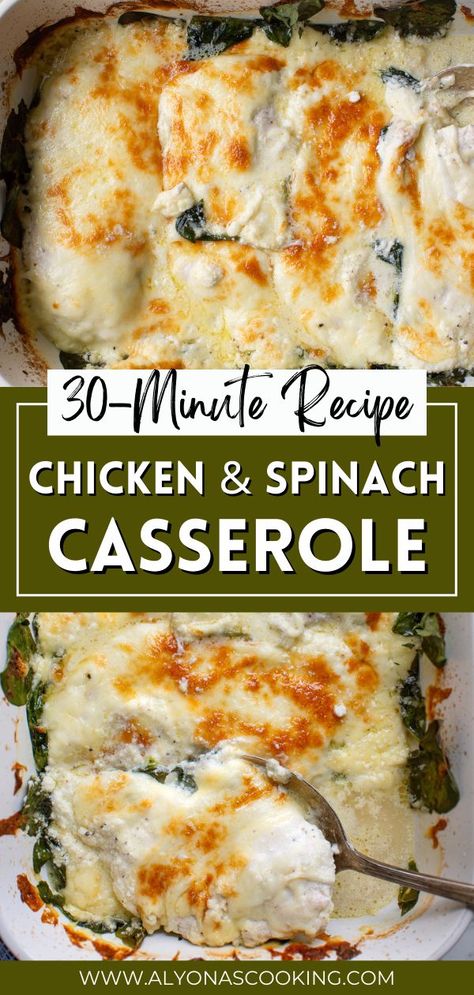 This 30-Minute Chicken and Spinach Casserole is an easy, comforting weeknight dinner option for you and your family. Combine fresh spinach, chicken breasts, and a delicious parmesan cream sauce, and add more cheese on top! This recipe is very easy to make and can be served with so many different side dishes. Chicken And Spinach Dinner Recipes, Baked Chicken With Spinach Recipes, Chicken Spinach Cheese Recipes, Baked Chicken With Spinach, Creamy Chicken Spinach, Chicken Spinach Parmesan Recipes, Chicken Cream Cheese And Spinach Recipes, Chicken Cream Cheese Spinach Recipes, Recipes Using Spinach Dinners