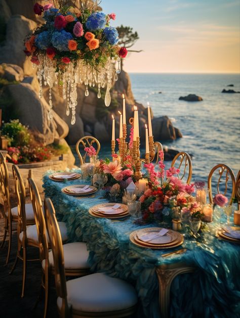 Beachy Floral Wedding, Deep Sea Blue Wedding Theme, Ocean Wedding Ceremony, Blue Ocean Wedding Theme, Ocean Aesthetic Wedding, Ariel Themed Wedding, Mermaid Theme Wedding Decor, Fairytale Beach Wedding, Jamaica Wedding Colors