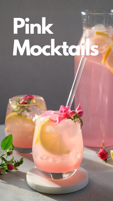 Pink Mocktails Fancy Non Alcoholic Drinks Parties, Alcohol Free Pink Drinks, Fun Pink Drinks Non Alcoholic, Mocktail Recipe Large Batch, Pink Mocktail Recipe Non Alcoholic, Pink And Blue Mocktails, Galentines Drinks Non Alcoholic, Pink Bridal Shower Drinks, Fun Easy Mocktails