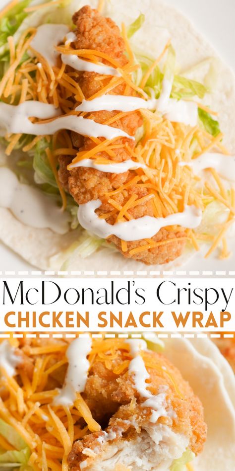 This McDonald’s Snack Wrap Recipe is incredibly easy and delicious – plus it tastes just like the real deal! Just add crispy chicken tenders (straight from the freezer) to tortillas with shredded lettuce, cheddar cheese, and ranch dressing. You’ll have a homemade version of the sadly discontinued menu item ready in less than 15 minutes. This snack sized lunch or dinner is so wonderfully nostalgic – you won’t be able to get enough! Easy Food For Work Lunch Ideas, Healthy Snack Wraps, Recipes With Shredded Lettuce, Freezer Wraps Recipes, Homemade Snack Wraps, Canned Chicken Wraps, Dinner Ideas Wraps, Dinner Recipes Wraps, Copycat Snack Wrap