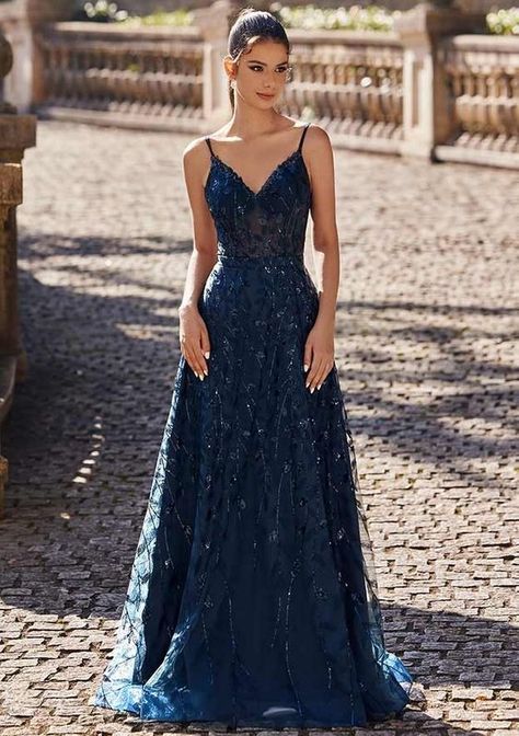 V Neck Lace Prom Dress, Sparkly Princess Prom Dress, Prom Dress With Appliques, Prom Dresses Ankle Length, Cool Toned Prom Dress, Acotar Prom Dress, Steel Blue Prom Dress, Sparkly Navy Blue Prom Dress, Deep Blue Prom Dresses