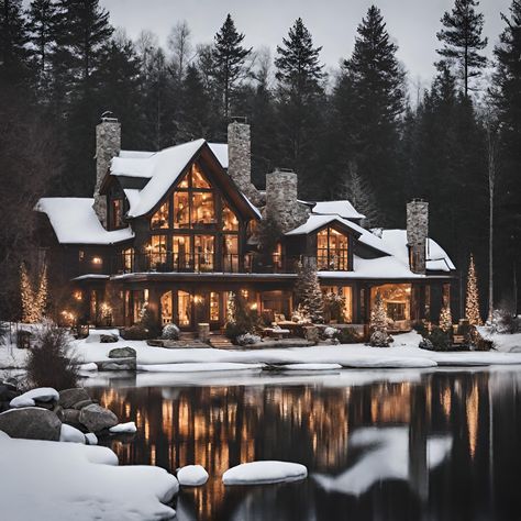 Large Cabin Style Homes, Cabin House Exterior Rustic, Winter Snow Cabin, Winter Cabin House Exterior, Lake Farmhouse Exterior, Christmas Lodge Exterior, Modern Winter House Exterior, Dream House Cabin, Luxury Lodge Exterior