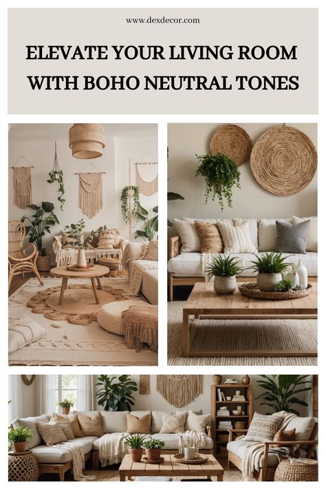 Elevate your living room with boho neutral tones featuring woven decor, plants, and cozy seating arrangements. Organic Natural Decor Living Room, Neutral Nature Aesthetic, Modern Boho Living Room Inspiration, Living Room Neutral Colors Earth Tones, Boho Beach Living Room, Industrial Boho Decor, Small Living Room Ideas Apartment Cozy, Neutral Boho Living Room, Neutral Living Room Decor