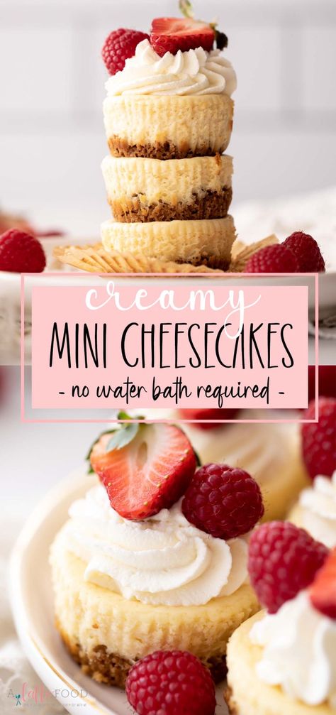 Mini Cheesecakes In Cupcake Liners, Large Batch Mini Cheesecake, Cheesecake Recipes With Sour Cream, Mini Strawberry Cheesecake Recipes, Halloween Mini Cheesecakes, Mini Cream Cheese Desserts, Small Cheese Cakes, Mini Cheesecake Recipes No Bake, Best Mini Cheesecake Recipes