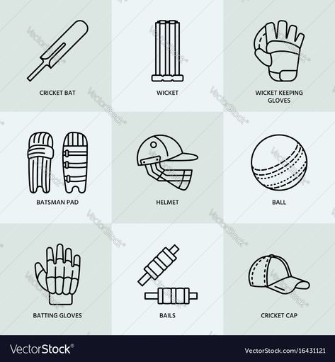 Cricket Helmet Drawing, Cricket Bat And Ball Drawing, Cricket Ball Drawing, Cricket Designs Ideas, Cricket Doodle Art, Cricket Illustration, Gloves Illustration, Cricket Helmet, Bat Vector