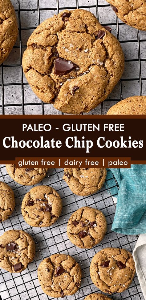 These almond butter chocolate chip cookies are flourless, gluten free, dairy free and paleo friendly. They are made with almond butter and sweetened with coconut sugar. This is such an easy cookie recipe and they taste amazing! #chocolatechipcookies #almondbutter #paleocookies #grainfree Paleo Chocolate Chip Cookies, Paleo Snack, Best Gluten Free Desserts, Grain Free Desserts, Almond Butter Cookies, Gluten Free Cookie Recipes, Paleo Cookies, Paleo Recipes Dessert, Gluten Free Chocolate Chip Cookies