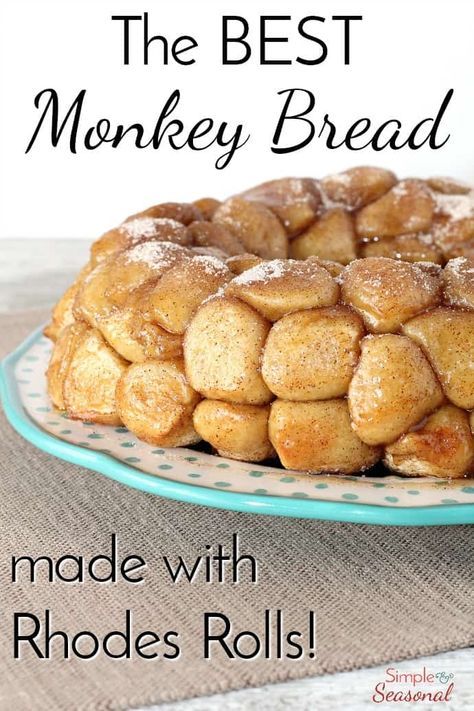 Made with frozen dinner roll dough, Rhodes Rolls Monkey Bread really is the best. The fluffy chunks of bread are covered in cinnamon and sugar and baked in a gooey, butter sauce that makes this perfect for breakfast or dessert! Rhodes Rolls Monkey Bread, The Best Monkey Bread, Easy Thanksgiving Snacks, Best Monkey Bread, Rhodes Rolls Recipes, Rhodes Bread Dough, Rhodes Bread, Rhodes Dinner Rolls, Rhodes Rolls