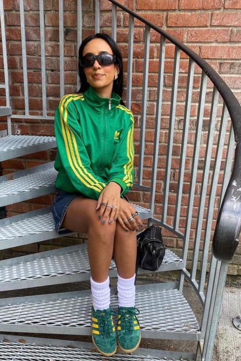 Green And Yellow Samba, Adidas Samba Green Yellow, Track Top Outfits, Colored Adidas Outfit, Green And Yellow Adidas, Adidas Spezial Green And Yellow, Green Adidas Jacket Outfit, Adidas Track Top Outfit, Adidas Samba Yellow