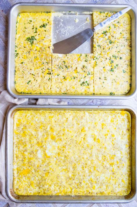 Thanks to one ingredient swap, this perfect recipe to make sheet pan eggs for sandwiches is packed with the same amount or protein and almost half the amount of calories as other recipes. The eggs come out light, fluffy and delicious every time and yield the exact quantity to make ½ dozen easy breakfast sandwiches. Egg Bake For Sandwiches, Fluffy Sheet Pan Eggs, Egg White Sheet Pan Eggs, Egg Patties For Sandwiches, Sheet Pan Eggs With Cottage Cheese, Eggs In Oven Sheet Pan, Sheet Pan Egg Whites, Sheet Pan Eggs For Breakfast Sandwiches, Eggs For Sandwiches