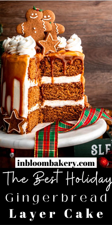 Soft and fluffy gingerbread layer cake full of warm Christmas spices, frosted with smooth white chocolate cream cheese frosting and finished with a caramel drip. Best Xmas Cake Recipe, Gingerbread Cake Christmas, Spice Cake Christmas, Tomte Gingerbread Cake, Double Layer Cake Recipes, Gingerbread Carrot Cake, Gingerbread Cake From Box Cake, Gingerbread Cake With Cinnamon Frosting, Ginger Cake Christmas