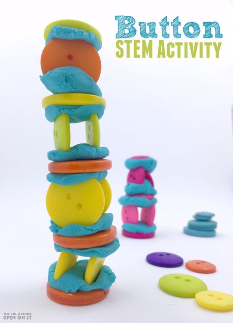 Create this fun Button STEM Activity Challenge with your Kids.  A quick activity that challenges your child's fine motor skills and critical thinking skills.  Plus great for on the go too! Stem Bins, Stem Centers, Stem Activities Preschool, Kindergarten Stem, Steam Ideas, Preschool Stem, Challenges Activities, Stem Challenge, Stem Activity