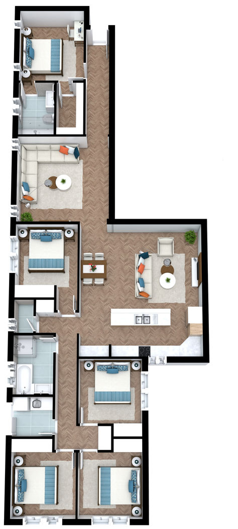 A narrow blue and brown 3D floor plan with five small bedrooms, and two living rooms. 5 Bedroom Simple House Plans, Simple 5 Bedroom House Plans, 5 Bedroom Bungalow Floor Plan, 5 Bedroom Blueprint, Simple House Design 5 Bedroom, 5bedroom House Plans 2 Story Simple, 5 Bedroom House Plans, Interior Design Drawings, 5 Bedroom House