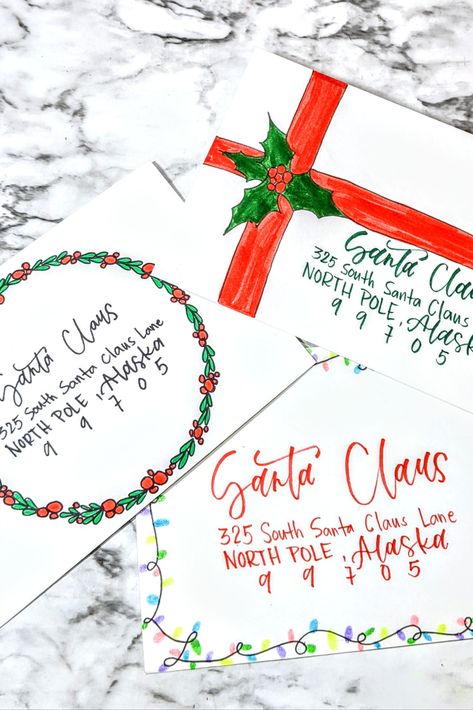 Send your Christmas cards with a little bit of extra cheer this year with these three DIY envelope designs. Decorated Christmas Envelopes, Christmas Card Envelope Ideas, Diy Christmas Cards Calligraphy, Christmas Card Lettering Envelope, Christmas Card Envelopes Decorating Easy, Cute Ways To Address Christmas Cards, Christmas Card Addressing Handwriting, Hand Addressed Christmas Envelopes, Christmas Envelopes Art