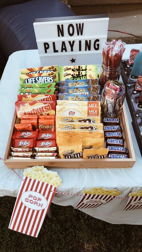 Movie Night Sweet 16, 13 Birthday Movie Night, Movie Night Set Up Ideas, Movie By The Pool Party, Deck Movie Night, Movie Night Birthday Cake Ideas, Movie Marathon Party, Drive In Movie At Home, Movie Night Candy Bar