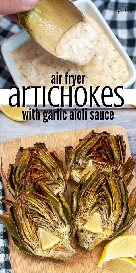 air fryer artichokes Roasted Artichoke Appetizer, Air Fry Artichoke Recipes, How To Bake Artichoke In Oven, Roasted Artichoke Dipping Sauce, Artichoke With Aioli, Artichokes Air Fryer, Quinoa In Air Fryer, Cooking An Artichoke, Artichoke Air Fryer Recipes