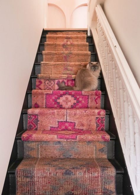 This Colorful, Quirky Home Is Giving Major Anthropologie Vibes on a DIY Budget Rug On Stairs, Ikea Hemnes Shoe Cabinet, Stairs Home, Anthropologie Diy, Goth Kitchen Decor, Hemnes Shoe Cabinet, Goth Kitchen, Styling Bookshelves, Toronto Home