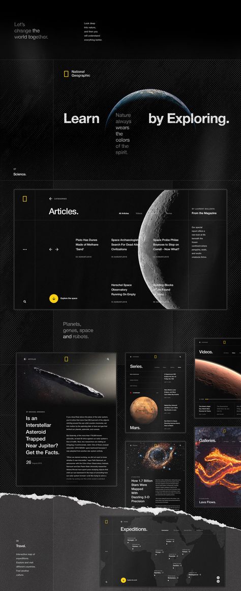 Space Website Design Inspiration, National Geographic Layout, Search Web Design, Sci Fi Website Design, Galaxy Website Design, Dark Mode Web Design, Gallery Website Layout, Google Sites Design, Space Layout Design