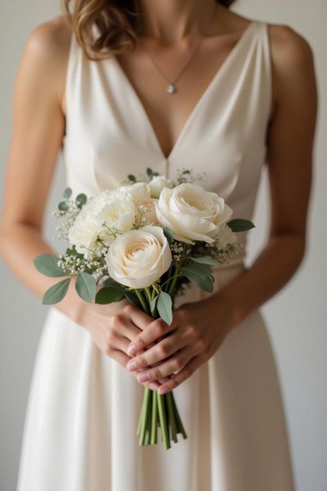 bridesmaid bouquet simple Simple Peony Wedding Bouquet, Simple One Flower Bouquet, Single Flower For Bridesmaids, Natural Wedding Bouquet Simple, Bridesmaids Bouquets White And Green, Simple Brides Bouquet, Greenery And White Bridal Bouquet, Small White And Green Bridesmaid Bouquet, Natural Flower Bouquet Brides