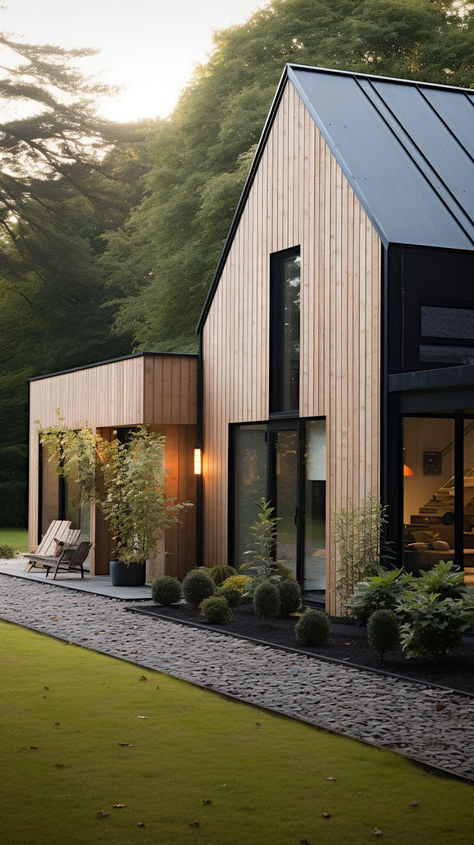 Exterior Scandinavian House, Metal Building Turned Into A House, Scandinavian Prefab House, Black Shingle House, New Zealand Architecture Modern, Tiny Home On Foundation, Natural Board And Batten Siding, House Design Outside Simple, Scandinavian Garage Design