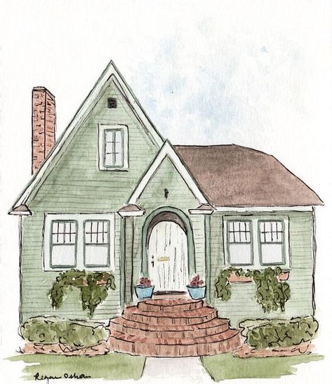 Home Watercolor Illustration, House Sketch Watercolor, Cute House Drawing Cottages, How To Paint A House On Canvas, Watercolour Buildings Simple, Simple House Illustration, Cute House Painting, House Pictures Drawing, Simple House Painting