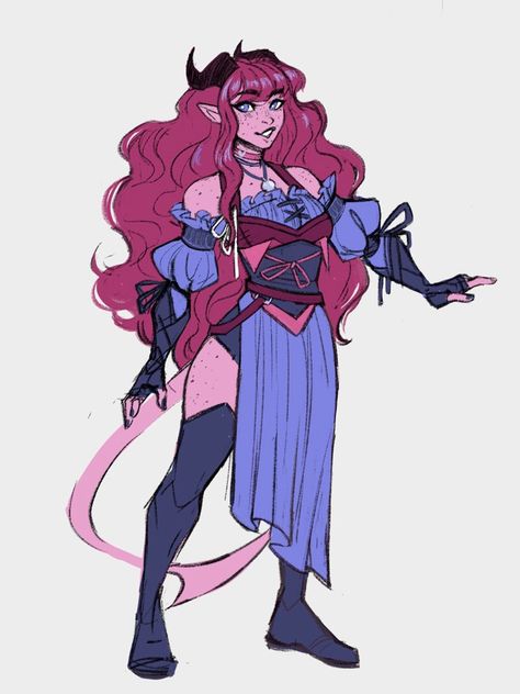 Tumblr, Teifling Female Pink, Girly Dnd Character, Dnd Poses Reference, Pink Dnd Character, Teifling Dnd Art, Purple Hair Character Design, D&d Oc, Tiefling Bard Female