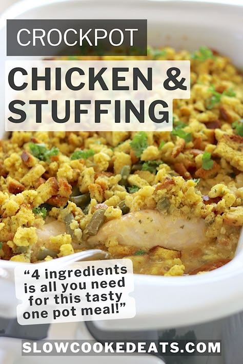 What is easier than a 4 ingredient crock pot chicken and stuffing dinner? Add green beans for a meal in one! You will love the comforting taste of this delicious tender chicken breast (chicken thighs can also be used) paired with stuffing - cooked in it's own gravy. The perfect weeknight crockpot meal! Chicken Tenders In The Crockpot, Chicken Stuffing Mix Crockpot, Crockpot Chicken And Stovetop, Crockpot Chicken Recipes With Stuffing, Crockpot Chicken And Stuffing Green Bean, Chicken Stuffing And Green Bean Crockpot, Crockpot Chicken And Stuffing Recipe, Chicken And Stuffing In Crockpot, Chicken Thigh And Stuffing Recipes