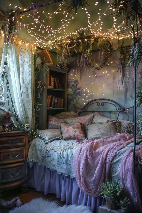 Green Shabby Chic Bedroom, Light Green And Pink Bedroom, Ethereal Bedroom Aesthetic, Vintage Feminine Bedroom, Ethereal Bedroom, Shabby Chic Decor Ideas, House Themes, Coquette Bedroom, Fairytale Bedroom