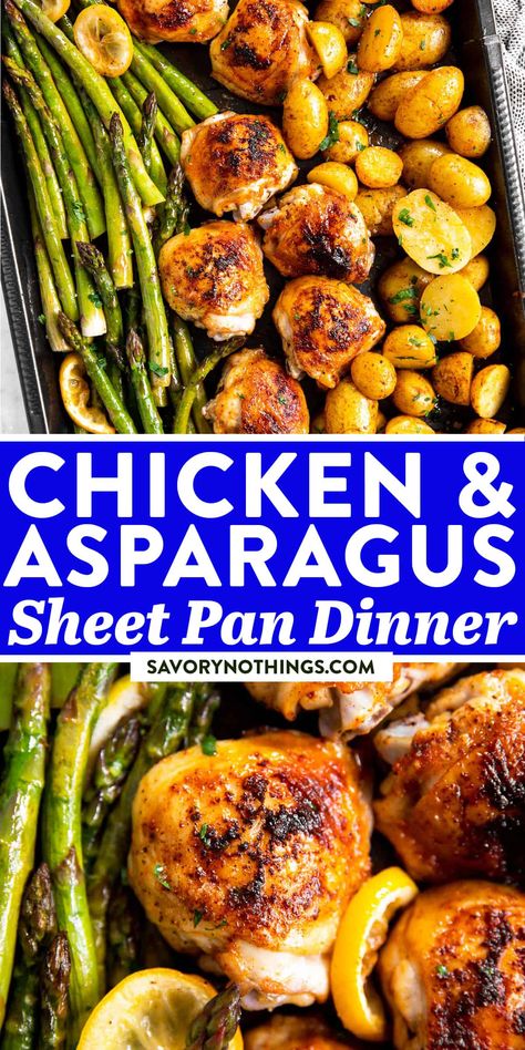 Speed up dinner prep (and avoid lots of dish washing) with this Chicken and Asparagus Sheet Pan Dinner. Everything cooks right on the one pan – from the chicken to the asparagus and even the potatoes! | #dinner #easydinner #chickenrecipes #chickendinner #sheetpanmeal #sheetpandinner #healthyfood #healthyrecipes #cleaneating #asparagus #chicken Baked Chicken Asparagus, One Pan Dinners Chicken Thighs, Chicken And Asparagus Recipes, Oven Dinner Recipes, Sheet Pan Chicken And Potatoes, Asparagus Chicken, Potatoes Dinner, Chicken And Asparagus, Sheet Pan Meals Chicken